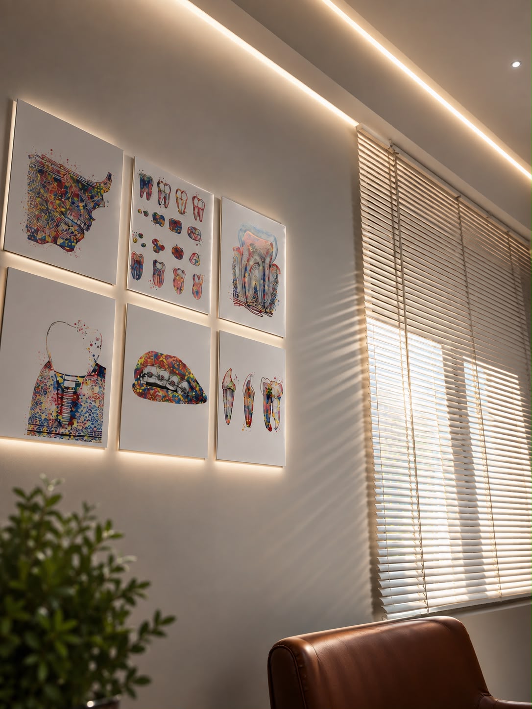 Parede do consultório com quadros ilustrativos de odontologia e luz natural