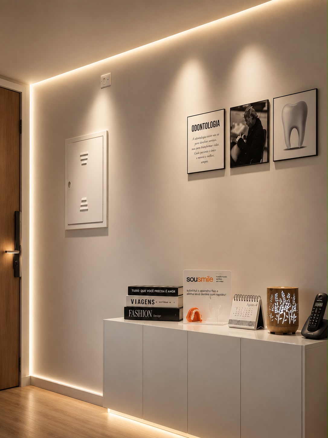 Recepção da clínica da Dra. Priscila com iluminação indireta e quadros decorativos