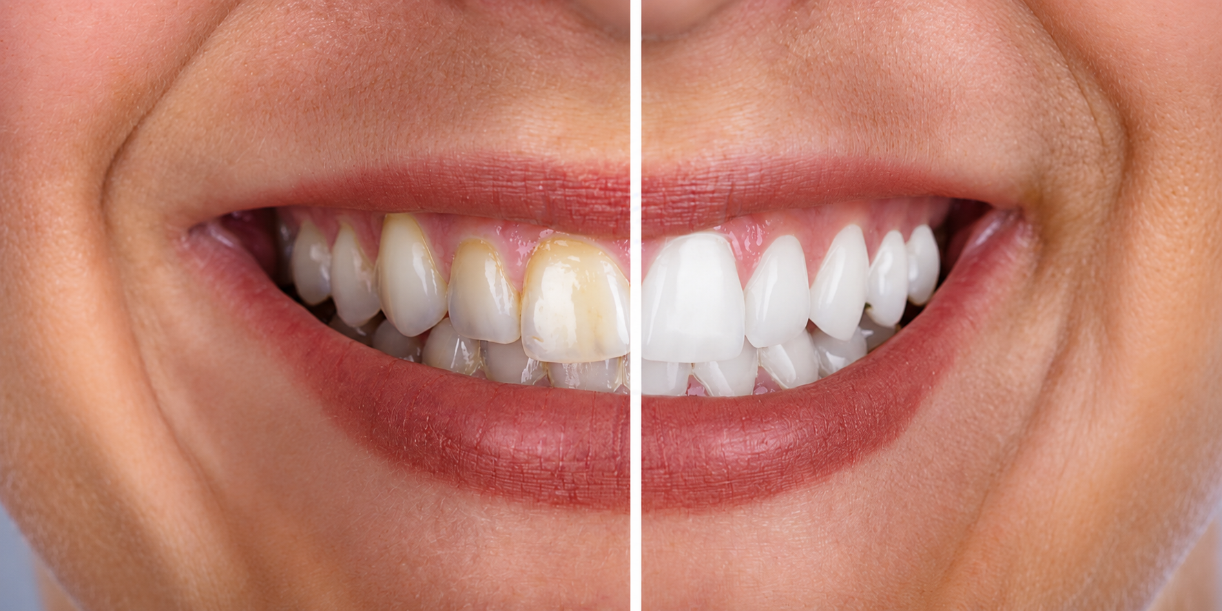Comparativo de sorriso antes e depois do clareamento dental